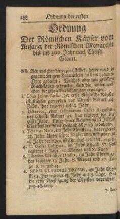 Ordnung Der Römischen Käyser vom Anfang der Römischen Monarchie bis ins 300. Jahr nach Christi Geburt.