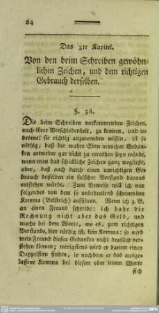 Das 3te Kapitel, Von dem beim Schreiben gewöhnlichen Zeichen, und dem richtigen Gebrauch derselben