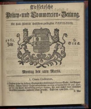 9. Stueck, Montag den 2ten Martii 1761