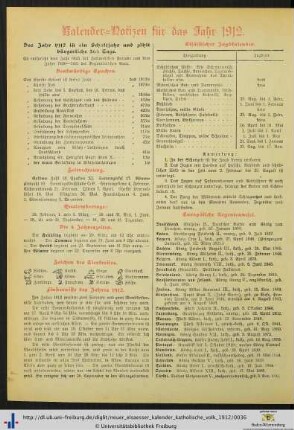 Kalender-Notizen für das Jahr 1912.