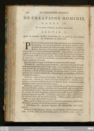 Sectio I. Quid de creatione Hominis sentiendum sit, et qualis sit eius anima, an incorporea, et immortalis.