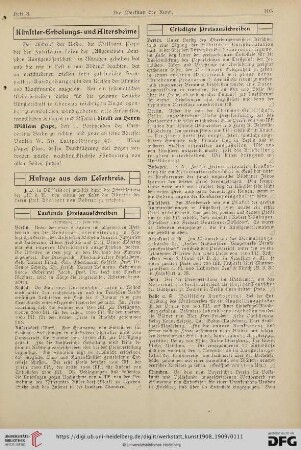 Preisausschreiben / Denkmäler / Staatliche Ankäufe etc. / Staatliche Kunstpflege / Aus Galerien und Museen / Aus Akademien und Kunstschulen / Personalien / Auszeichnungen / Todesfälle / Stipendien und Stiftungen / Vereine / Kunsthandel und Versteigerungen / Vermischtes