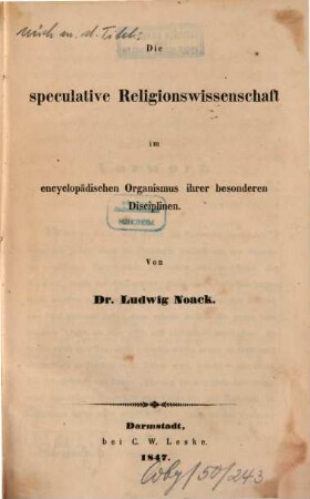 Die speculative Religionswissenschaft im encyclopädischen Organismus ihrer besonderen Disciplinen