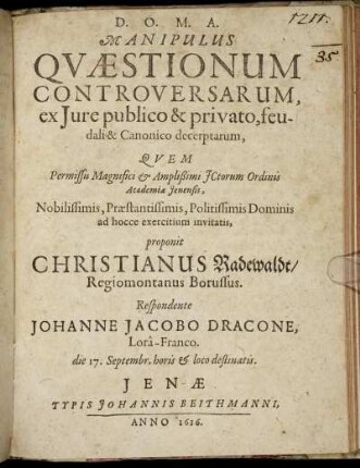 Manipulus Quaestionum Controversarum, ex Iure publico & privato, feudali & Canonico decerptarum