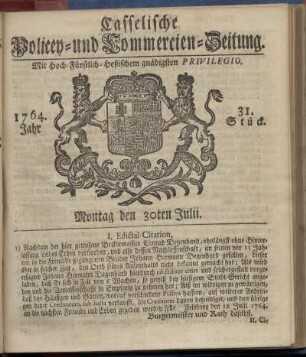 31. Stueck, Montag den 30ten Julii 1764