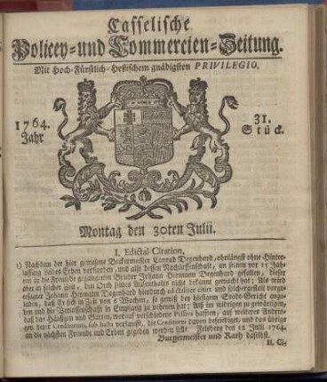 31. Stueck, Montag den 30ten Julii 1764