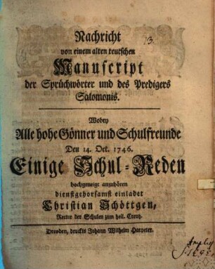 Nachricht von einem alten teutschen Manuscript der Sprichwörter und des Predigers Salomonis