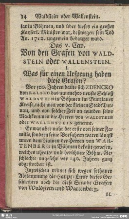 Das V. Cap. Von den Grafen Waldstein oder Wallenstein