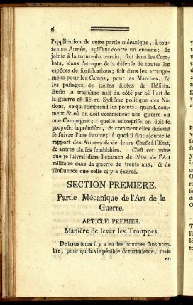 Section Premiere. Partie Mécanique de L'Art de la Guerre.