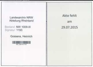 Entnazifizierung Heinrich Gossens , geb. 26.07.1905 (Schuhmacher)