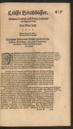 Etliche Streidbücher. Antwort Teudsch/ auff König Heinrichs von Engeland Buch.