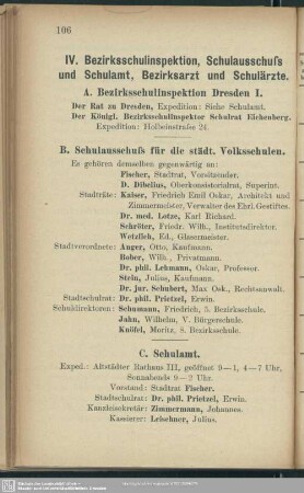 IV. Bezirksschulinspektion, Schulausschuss und Schulamt, Bezirksärzte und Schulärzte