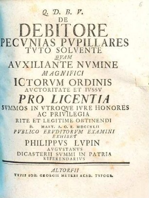 De Debitore Pecvnias Pvpillares Tvto Solvente