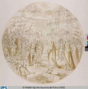 Aus der römischen Geschichte: Auf dem Platze vor einer Kirche mit Barockfassade steht an der Spitze seines Heeres ein gekrönter römischer Feldherr, ihm gegenüber eine Frau, hinter der noch 2 andere Frauen stehen. Im Himmel Jupiter auf dem Adler.