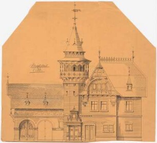 Zweistöckiges Gebäude mit Turm und Wirtschaftsflügel: Ansicht