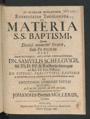 Exercitatio Theologica De Materia S.S. Baptismi