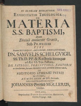 Exercitatio Theologica De Materia S.S. Baptismi