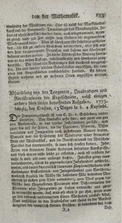 Abhandlung von den Tangenten, Quadraturen und Rectificationen der Kegelschnitte.