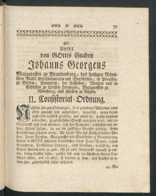 Unser Gottes Gnaden Johanns Georgens Marggraffen zu Brandenburg, ... II. Consistorial-Ordnung.