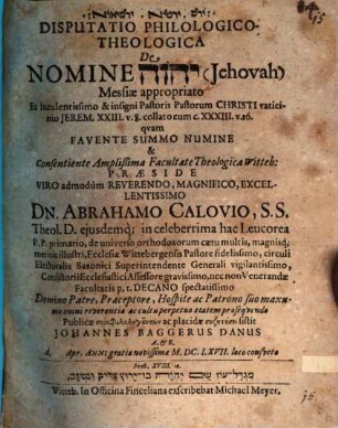 Disp. phil. theol. de nomine Jehovah Messiae appropriato