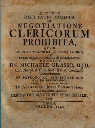 Disp. iur. de negotiatione clericorum prohibita
