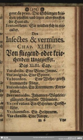 Des Insectes & vermines. Chap. XLIII. Von fliegend- oder kriechendem Ungezieffer. Das XLIII. Cap.