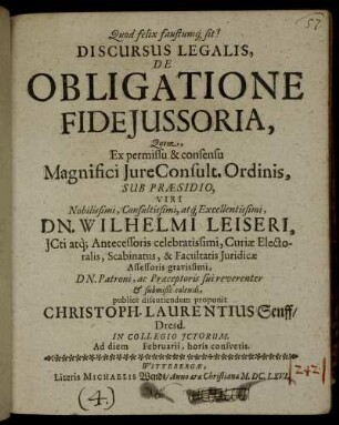 Discursus Legalis, De Obligatione Fideiussoria
