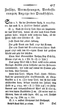 Zusätze, Vermehrungen, Verbesserungen, Anzeige der Druckfehler.