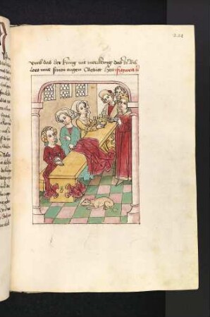 König Sedras lässt Krone und Purpurmantel den Frauen in deren Gemach überreichen; (Kapitel X: Von König Sedras).