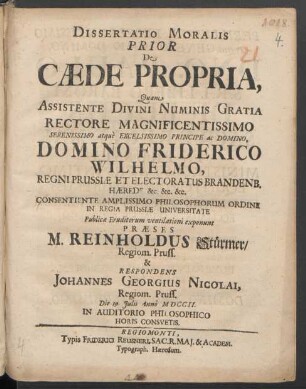 Dissertatio Moralis Prior De Cæde Propria