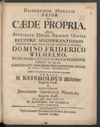 Dissertatio Moralis Prior De Cæde Propria