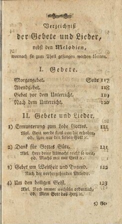 Verzeichniß der Gebete und Lieder, nebst den Melodien, wornach sie zum Theil gesungen werden können.