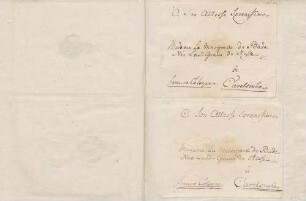 Briefumschläge, adressiert an Karoline Luise, darauf Nennung von Goll und Furet von Karoline Luises Hand.