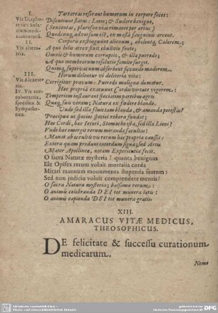 XIII. Amaracus Vitae Meidcus, Theosophicus. De felicitate et successu curationum medicarum.