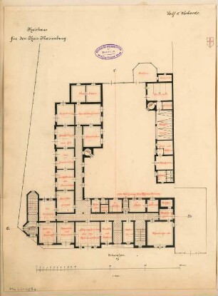 Landratsamt (Kreishaus), Marienburg Monatskonkurrenz März 1893: Grundriss Erdgeschoss; Maßstabsleiste