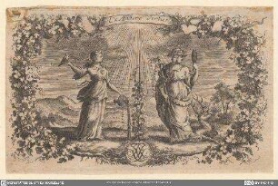[Vignette: 2 Allegorische Figuren im Blütenkranz]