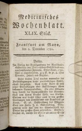 XLIX. Stück. Frankfurt am Mayn, den 2. December 1780. - LIII. Stück. Frankfurt am Mayn, den 30. December 1780.