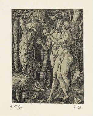 Sündenfall, aus: Carl August Deis, "Albrecht Dürers Kleine Passion getreu in Holz nachgeschnitten", Eichstätt 1868