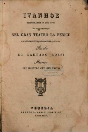 Ivanhoe : melodramma in 2 atti