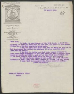 Brief an B. Schott's Söhne : 18.08.1911