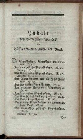 Inhalt des vierzehnten Bandes von Büffons Naturgeschichte der Vögel.