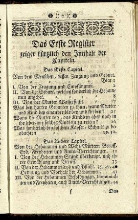 Das Erste Register zeiget kürtzlich den Innhalt der Capiteln.