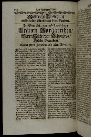 Der...Frauen Margarethen/ Herrn Nickel von Schönberg/ Ehliche Gemahlin Meiner guten Freundin und lieben Gevatterin.
