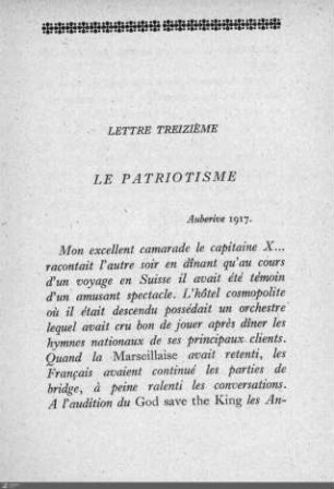 Lettre treizième: Le patriotisme