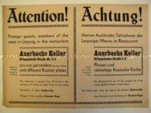 Zweisprachiger Maueranschlag mit Werbung für "Auerbachs Keller" in Leipzig