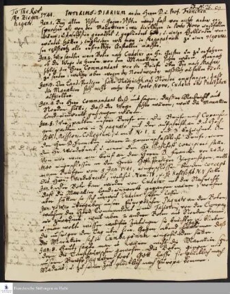 Interims-Diarium von Nikolaus Dal für Gotthilf August Francke.