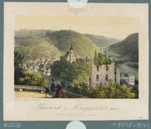 Tharandt vom Königsplatz im Forstgarten aus, mit der Burgruine und der Stadt- und Bergkirche im Hintergrund