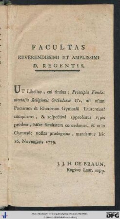 Facultas Reverendissimi Et Amplissimi D. Regentis; Privilegium; Censura Ordinarii.