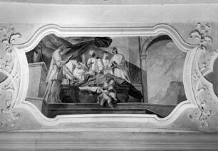 Wandbild einer Seitenkapelle mit Sterbeszene : Wandbild einer Seitenkapelle mit Sterbeszene. Fresko (1729; J. B. Zimmermann). Weyarn, Sankt Peter und Paul