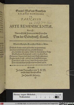 Stanisl: Mink von Weunßhein Relatio Novissima Ex Parnasso De Arte Reminiscentiae. Das ist: Neue wahrhafte Zeitung aus dem Parnassus Von der Gedechtniß-Kunst